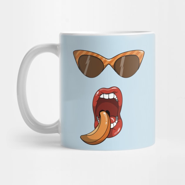 Mouth about to eat a slice of a peach while wearing matching orange striped sun glasses. by Fruit Tee